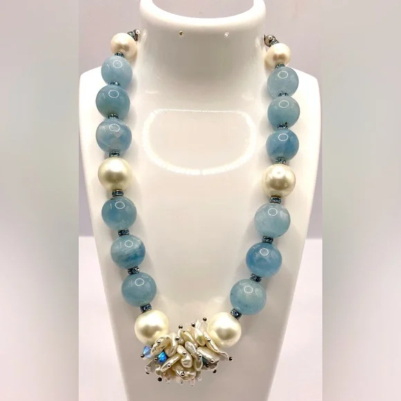 Gorgeous Aquamarine Beaded Necklace Fresh Water Pearls Crystal Spacers 925 - Picture 5 of 11